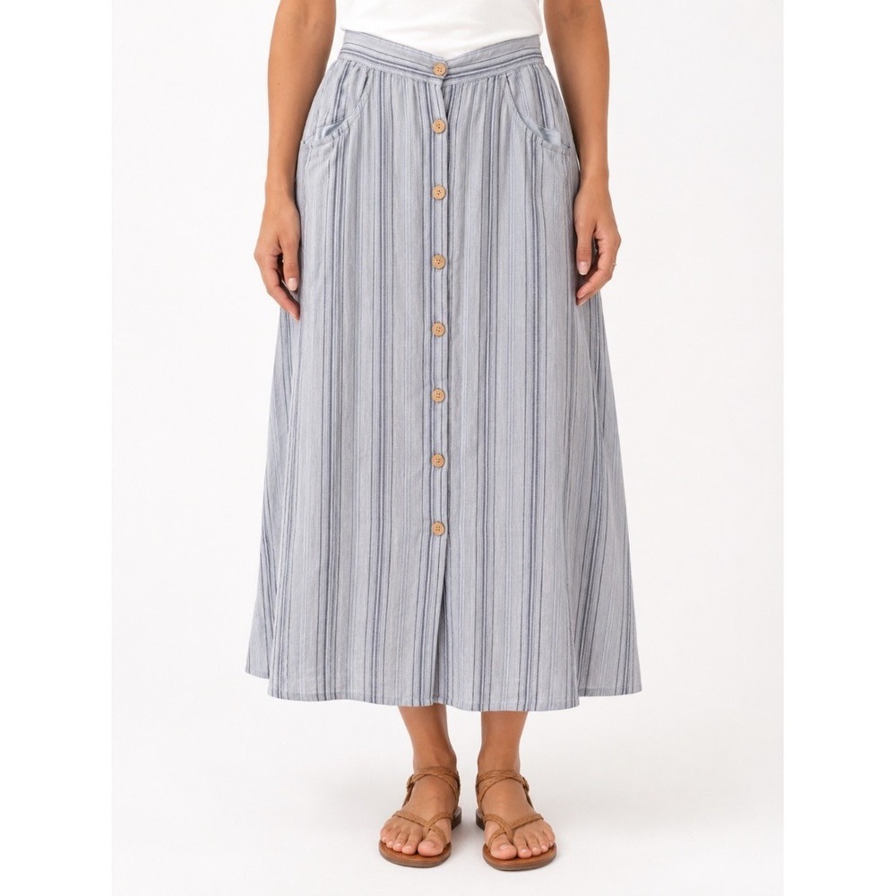 Faherty Womens Linen Button Front Midi Skirt Blue Stripe L